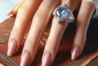 Close-up of a hand with manicured nails wearing an elegant blue platinum diamond ring on a book.