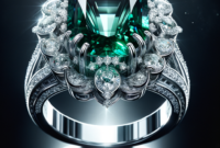 Close-up of a luxury platinum ring featuring a large emerald center stone surrounded by sparkling diamonds.
