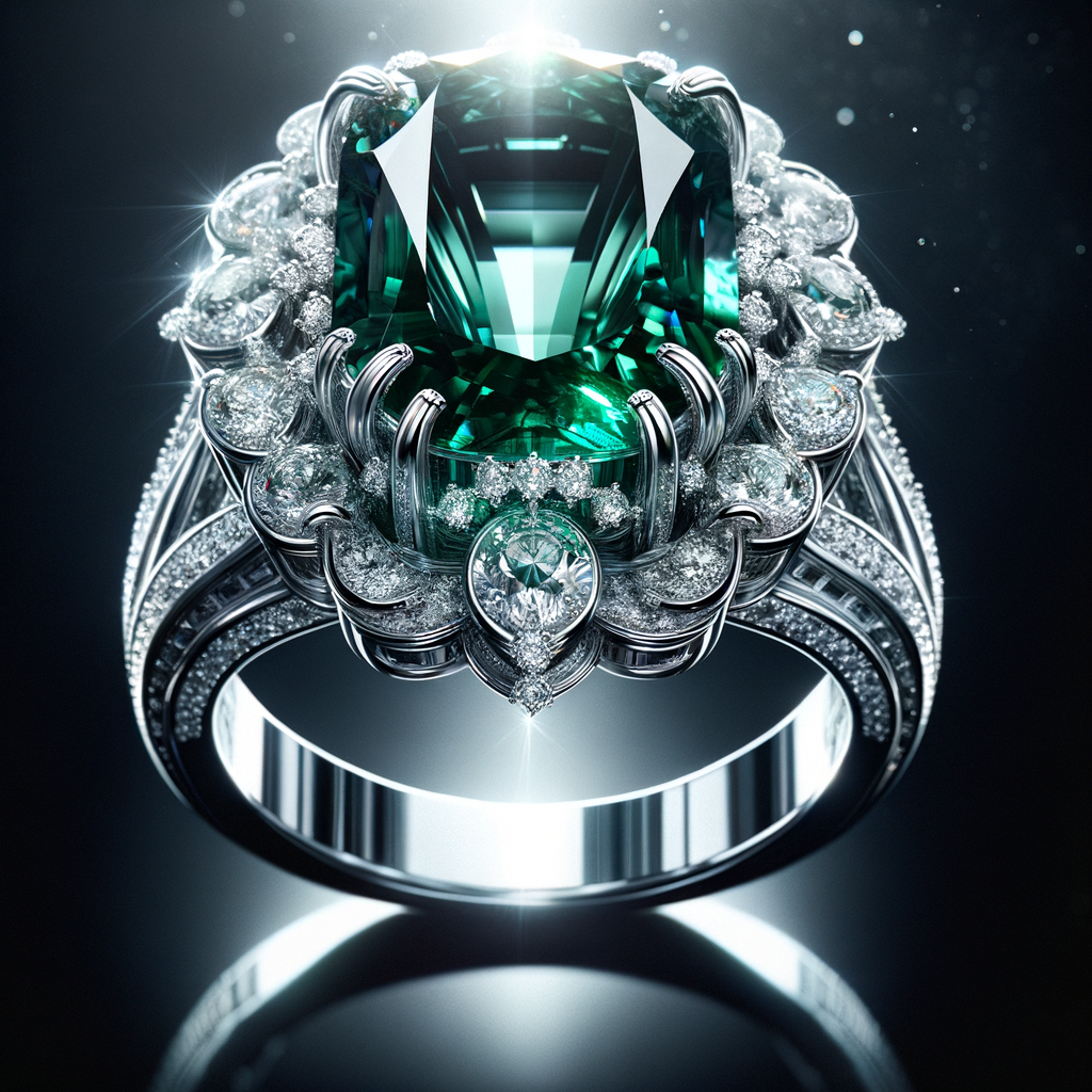 Close-up of a luxury platinum ring featuring a large emerald center stone surrounded by sparkling diamonds.
