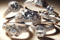 Close-up of unique platinum engagement rings with intricate diamond designs on a soft beige background.