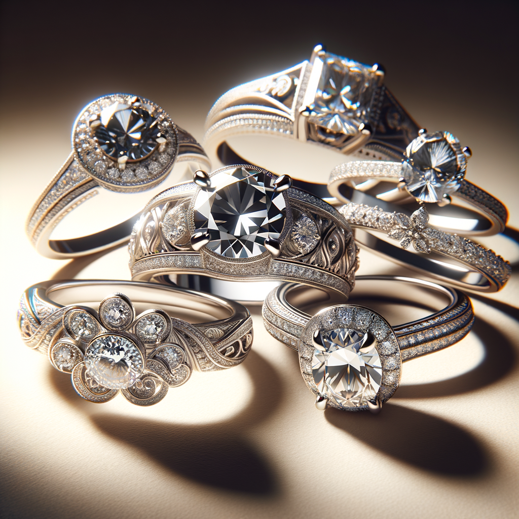 Close-up of unique platinum engagement rings with intricate diamond designs on a soft beige background.